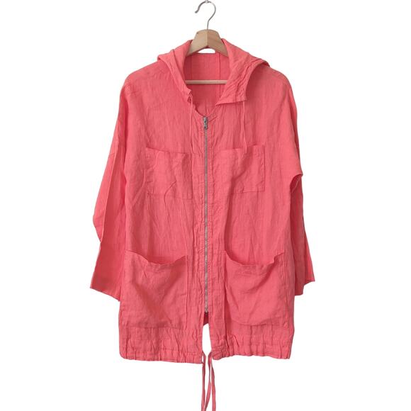 Emporium Made in Italy Jacket Womens OS S-L 100% Linen Pink Hooded Zip Up - Picture 1 of 6